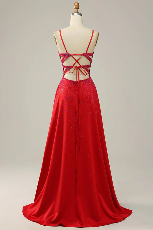 A-line deep V-thin suspender red bead long ball gown