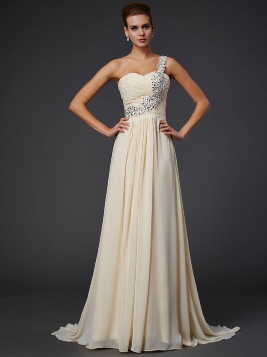 A-Line Chiffon One-Shoulder Sleeveless Floor-Length With Beading Dresses
