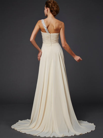 A-Line Chiffon One-Shoulder Sleeveless Floor-Length With Beading Dresses