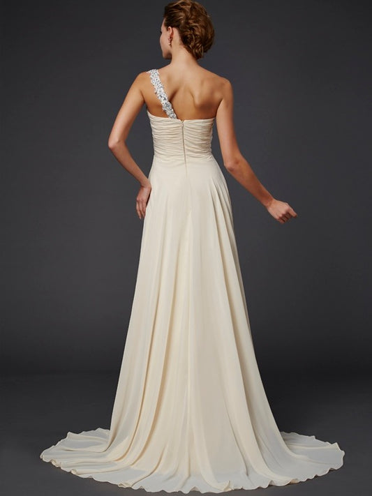 A-Line Chiffon One-Shoulder Sleeveless Floor-Length With Beading Dresses