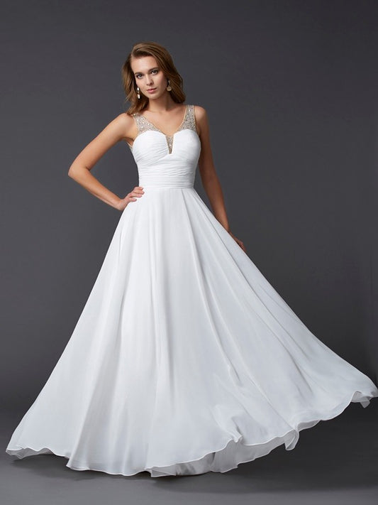 Sheath Chiffon Straps Sleeveless Floor-Length With Pleats Dresses