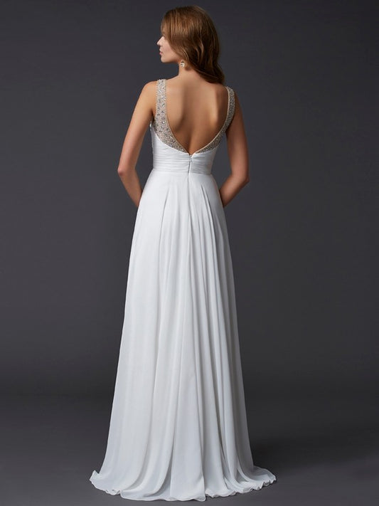 Sheath Chiffon Straps Sleeveless Floor-Length With Pleats Dresses