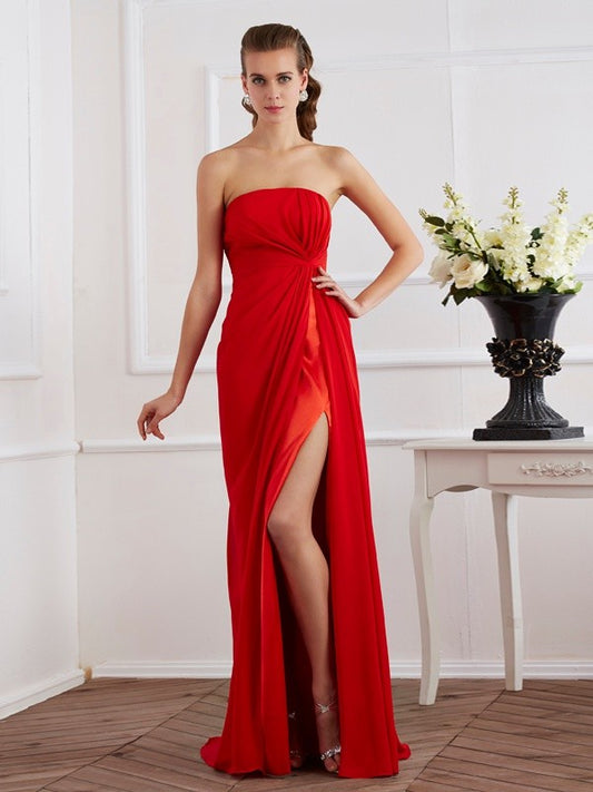Sheath Chiffon Strapless Sleeveless Floor-Length With Pleats Dresses