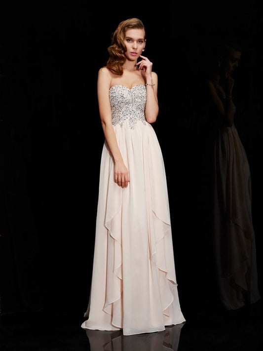 Sheath Chiffon Sweetheart Sleeveless Floor-Length With Beading Dresses