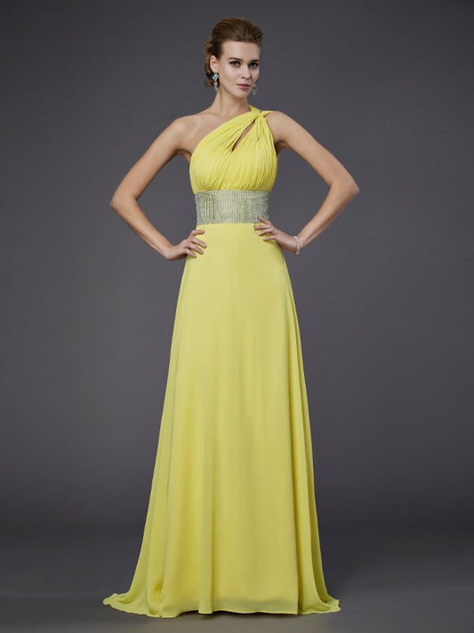 A-shaped chiffon single shoulder sleeveless floor length dress