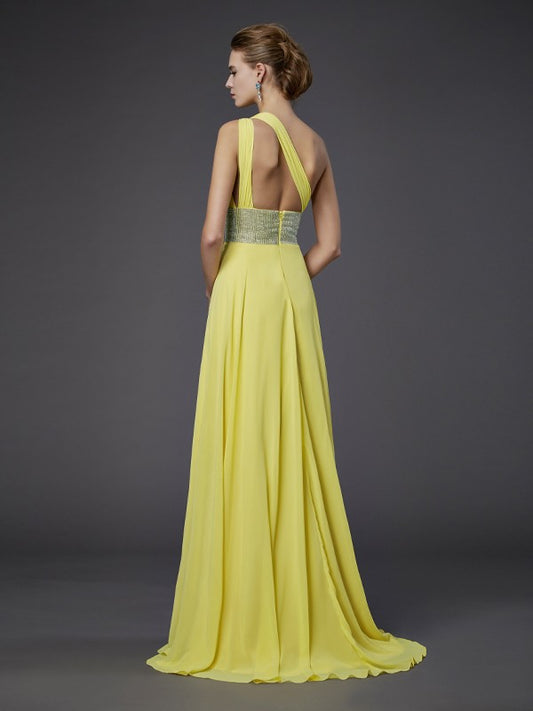 A-shaped chiffon single shoulder sleeveless floor length dress