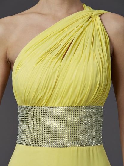 A-shaped chiffon single shoulder sleeveless floor length dress