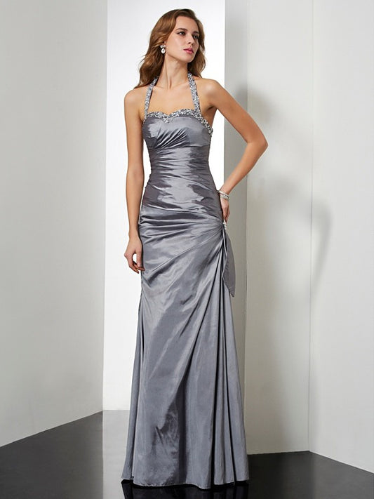 Mermaid Taffeta Halter Sleeveless Floor-Length With Beading Dresses
