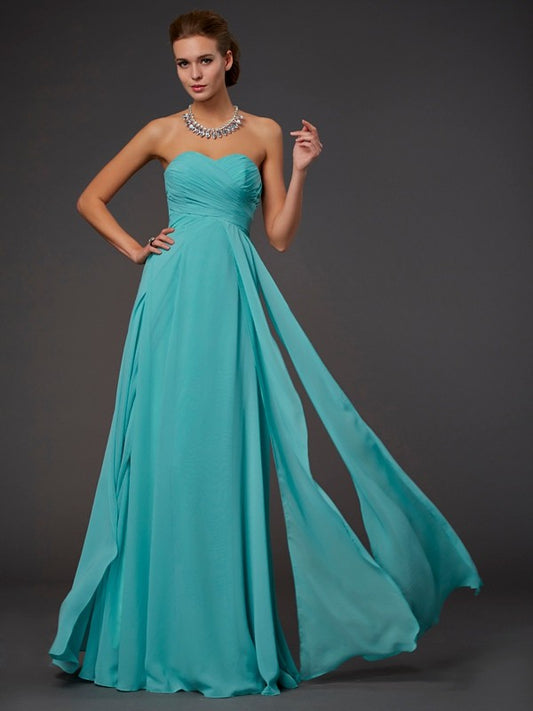 A-Line Chiffon Sweetheart Sleeveless Floor-Length With Pleats Dresses