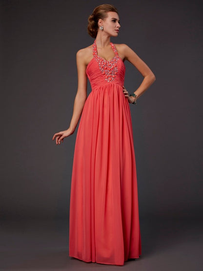 A-line chiffon camisole sleeveless floor length dress with bead embellishments
