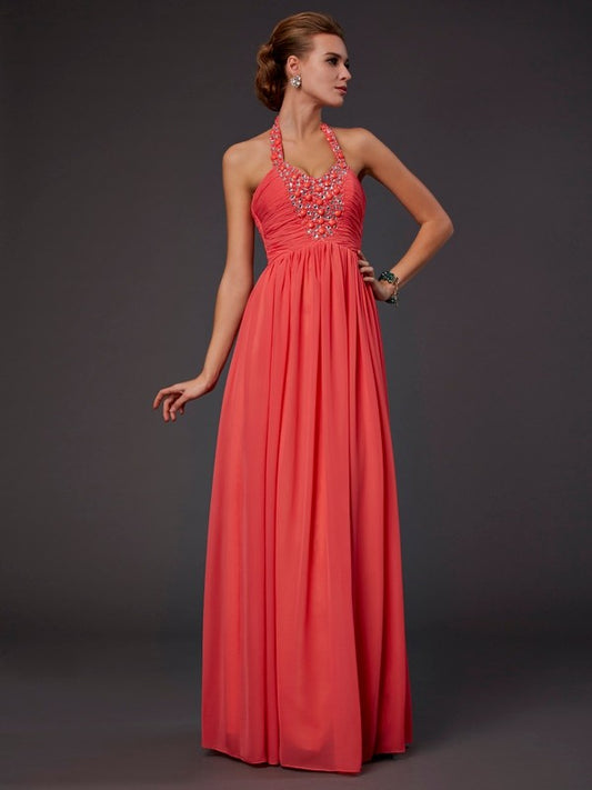 A-line chiffon camisole sleeveless floor length dress with bead embellishments