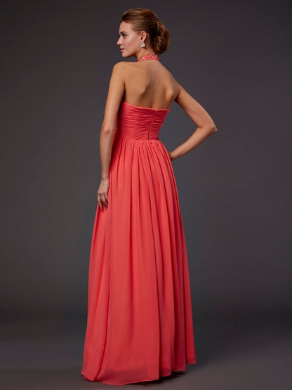 A-line chiffon camisole sleeveless floor length dress with bead embellishments