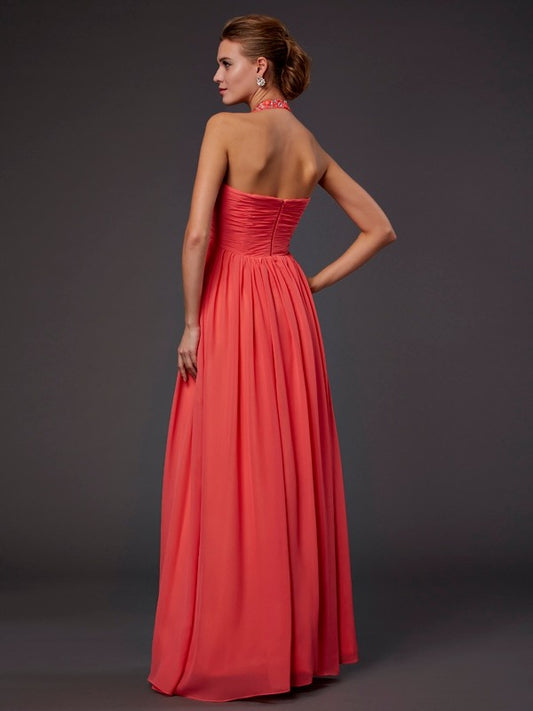 A-line chiffon camisole sleeveless floor length dress with bead embellishments