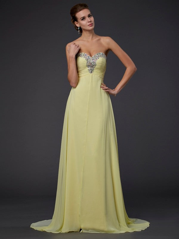 A-Line Chiffon Sweetheart Sleeveless Floor-Length With Beading Dresses