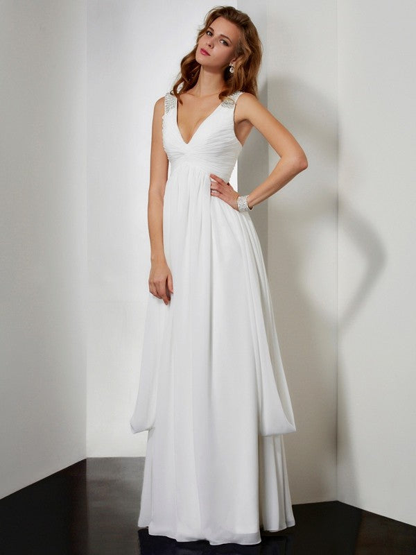 A-Line Chiffon V-neck Sleeveless Floor-Length With Rhinestone Dresses