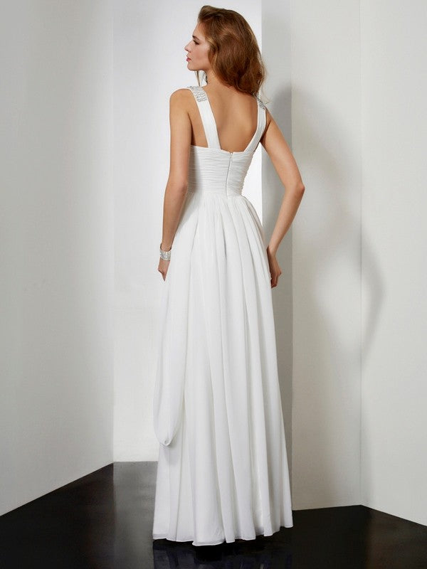A-Line Chiffon V-neck Sleeveless Floor-Length With Rhinestone Dresses