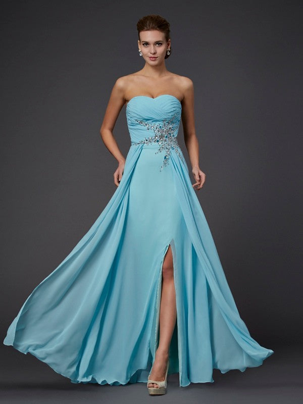 Sheath Chiffon Sweetheart Sleeveless Floor-Length With Beading Dresses