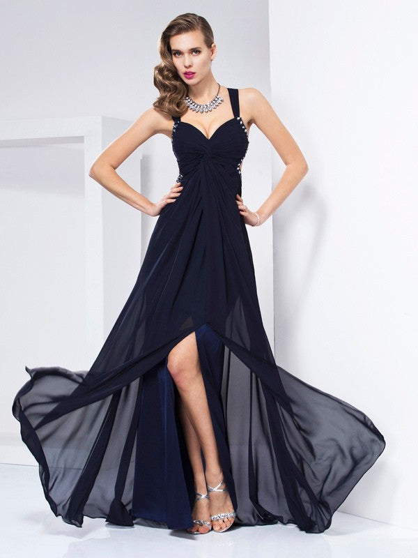A-Line Chiffon V-neck Sleeveless Floor-Length With Ruffles Dresses
