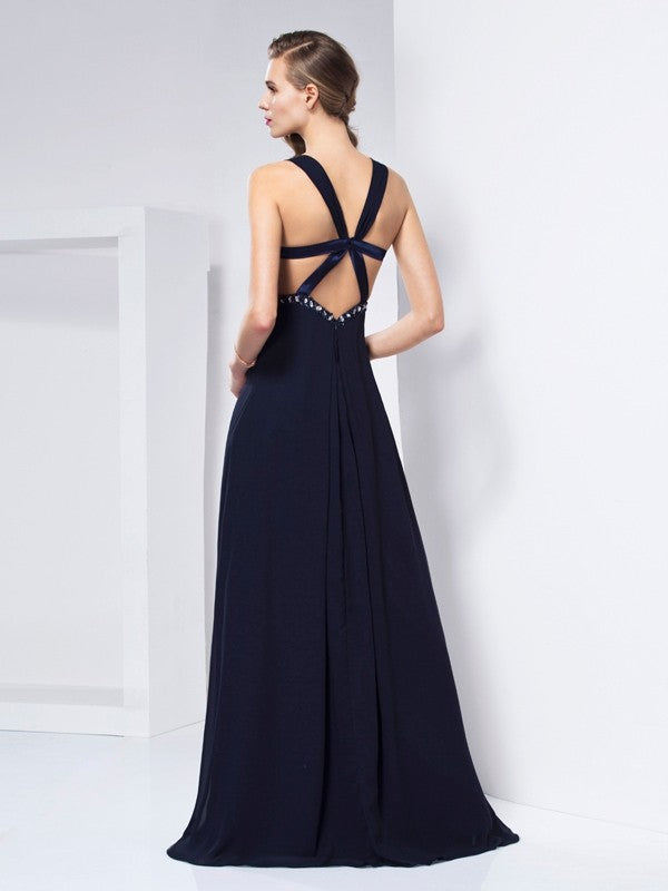 A-Line Chiffon V-neck Sleeveless Floor-Length With Ruffles Dresses