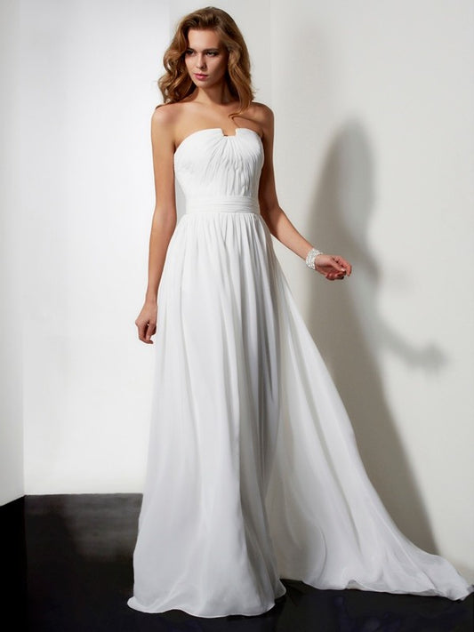 A-Line Chiffon Strapless Sleeveless Floor-Length With Ruffles Dresses