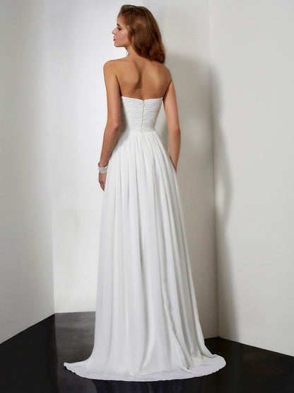 A-Line Chiffon Strapless Sleeveless Floor-Length With Ruffles Dresses