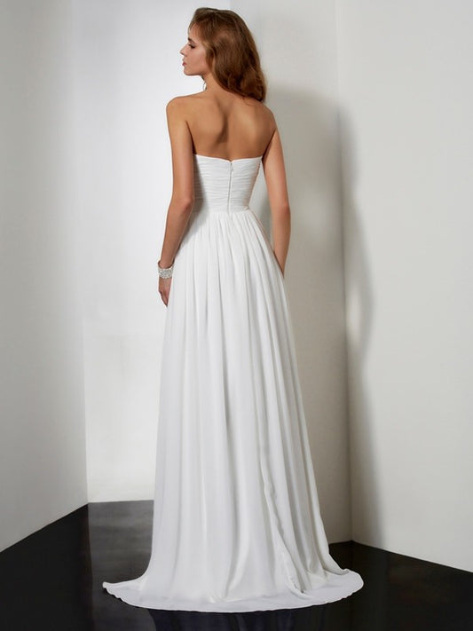 A-Line Chiffon Strapless Sleeveless Floor-Length With Ruffles Dresses