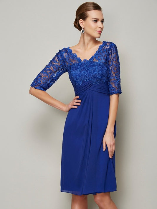 Sheath Chiffon V-neck 1/2 Sleeves Knee-Length With Lace Mother of the Bride Dresses