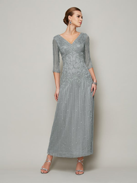 Sheath 30D Chiffon V-neck 1/2 Sleeves Ankle-Length With Beading Mother of the Bride Dresses