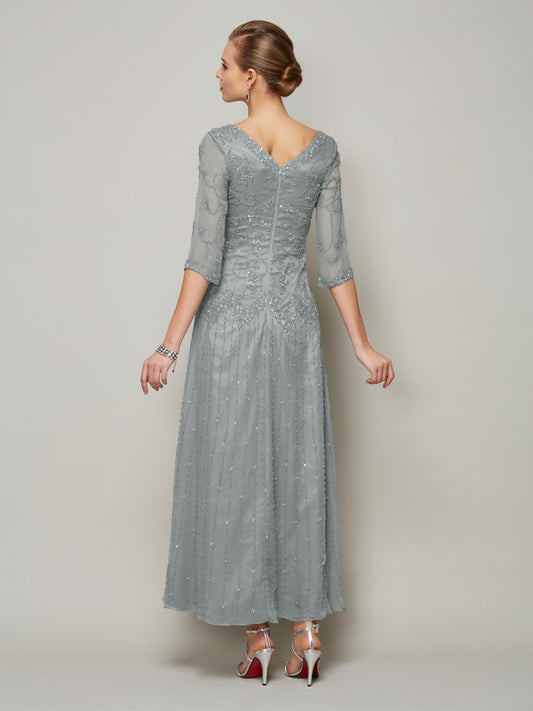 Sheath 30D Chiffon V-neck 1/2 Sleeves Ankle-Length With Beading Mother of the Bride Dresses