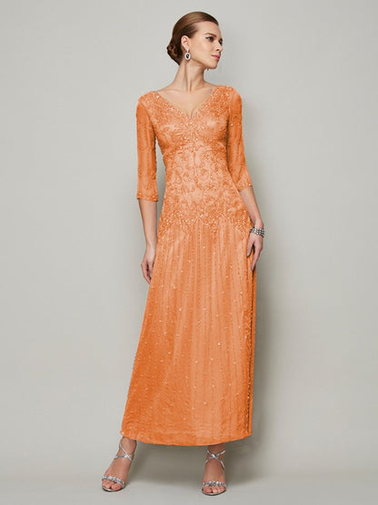 Sheath 30D Chiffon V-neck 1/2 Sleeves Ankle-Length With Beading Mother of the Bride Dresses