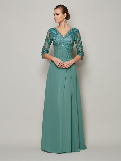 A-Line Chiffon V-neck 3/4 Sleeves Floor-Length With Lace Mother of the Bride Dresses