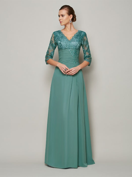 A-Line Chiffon V-neck 3/4 Sleeves Floor-Length With Lace Mother of the Bride Dresses