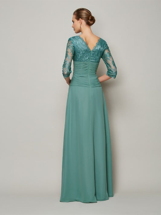 A-Line Chiffon V-neck 3/4 Sleeves Floor-Length With Lace Mother of the Bride Dresses