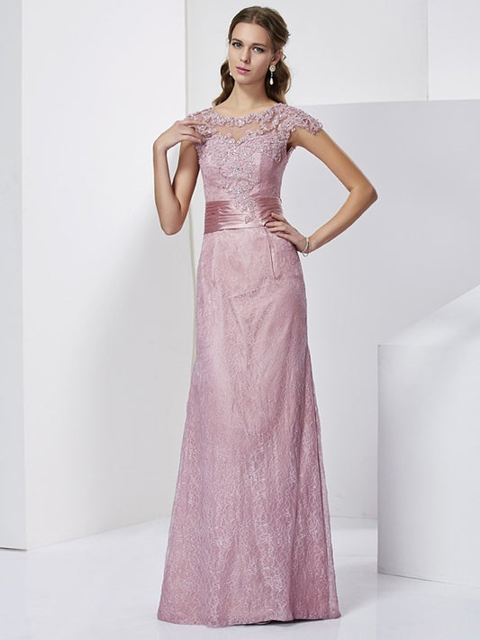 Sheath Elastic Woven Satin High Neck Short Sleeves Floor-Length With Lace Mother of the Bride Dresses