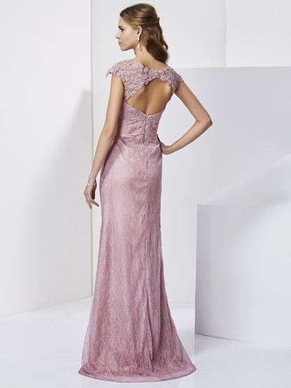 Sheath Elastic Woven Satin High Neck Short Sleeves Floor-Length With Lace Mother of the Bride Dresses