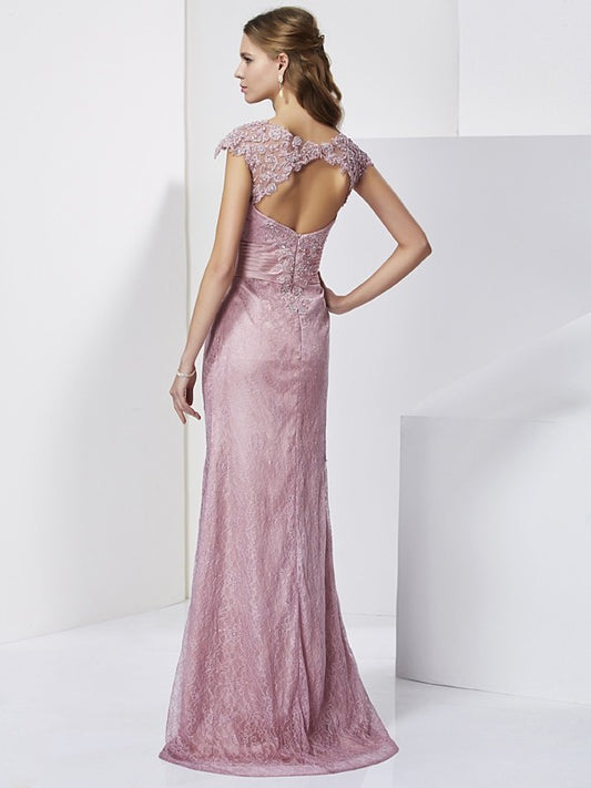 Sheath Elastic Woven Satin High Neck Short Sleeves Floor-Length With Lace Mother of the Bride Dresses