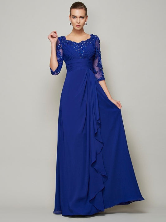 A-Line Chiffon Scoop 3/4 Sleeves Floor-Length With Lace Mother of the Bride Dresses