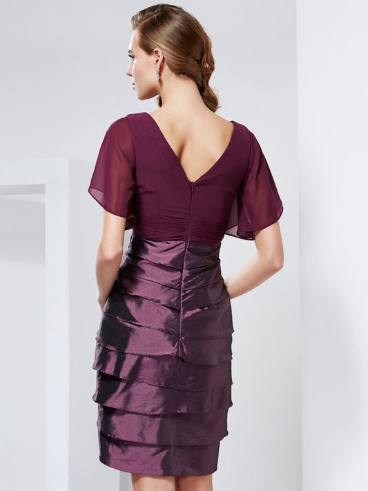 A-line V-neck short sleeved knee length ruffled bridal mother dress