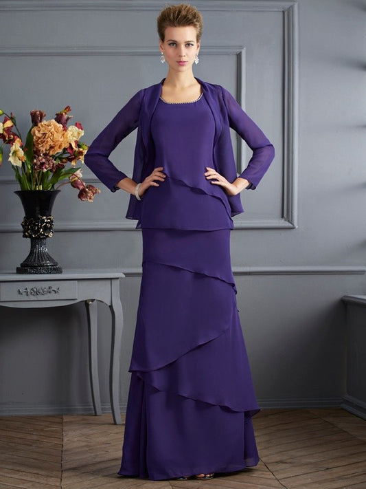 Sheath Chiffon Scoop Sleeveless Floor-Length With Ruffles Mother of the Bride Dresses