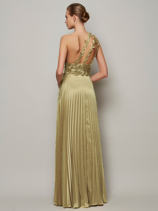A-line one shoulder sleeveless floor length dress paired with handmade floral dress
