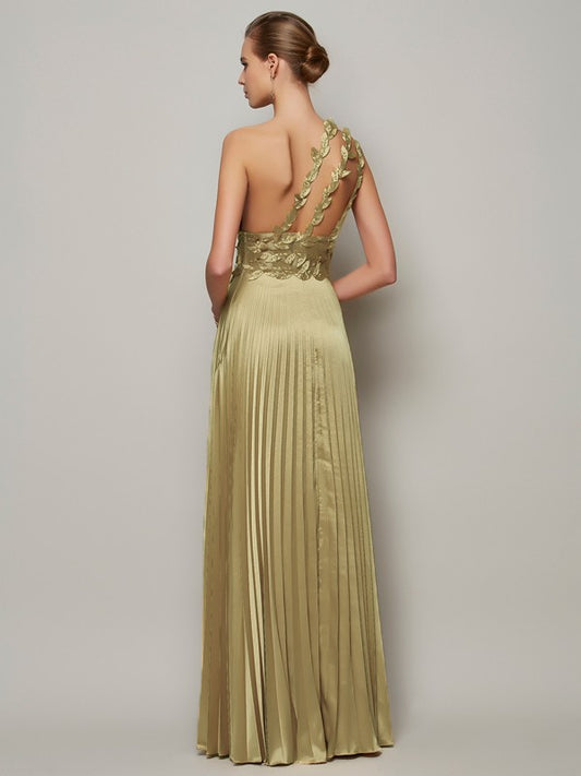 A-line one shoulder sleeveless floor length dress paired with handmade floral dress