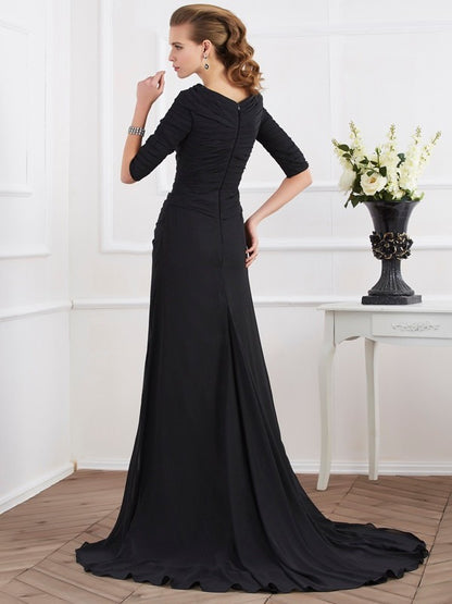 A-Line Chiffon Scoop 1/2 Sleeves Sweep/Brush Train With Pleats Mother of the Bride Dresses