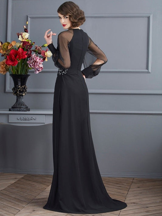 Sheath Chiffon Scoop Long Sleeves Sweep/Brush Train With Beading Mother of the Bride Dresses