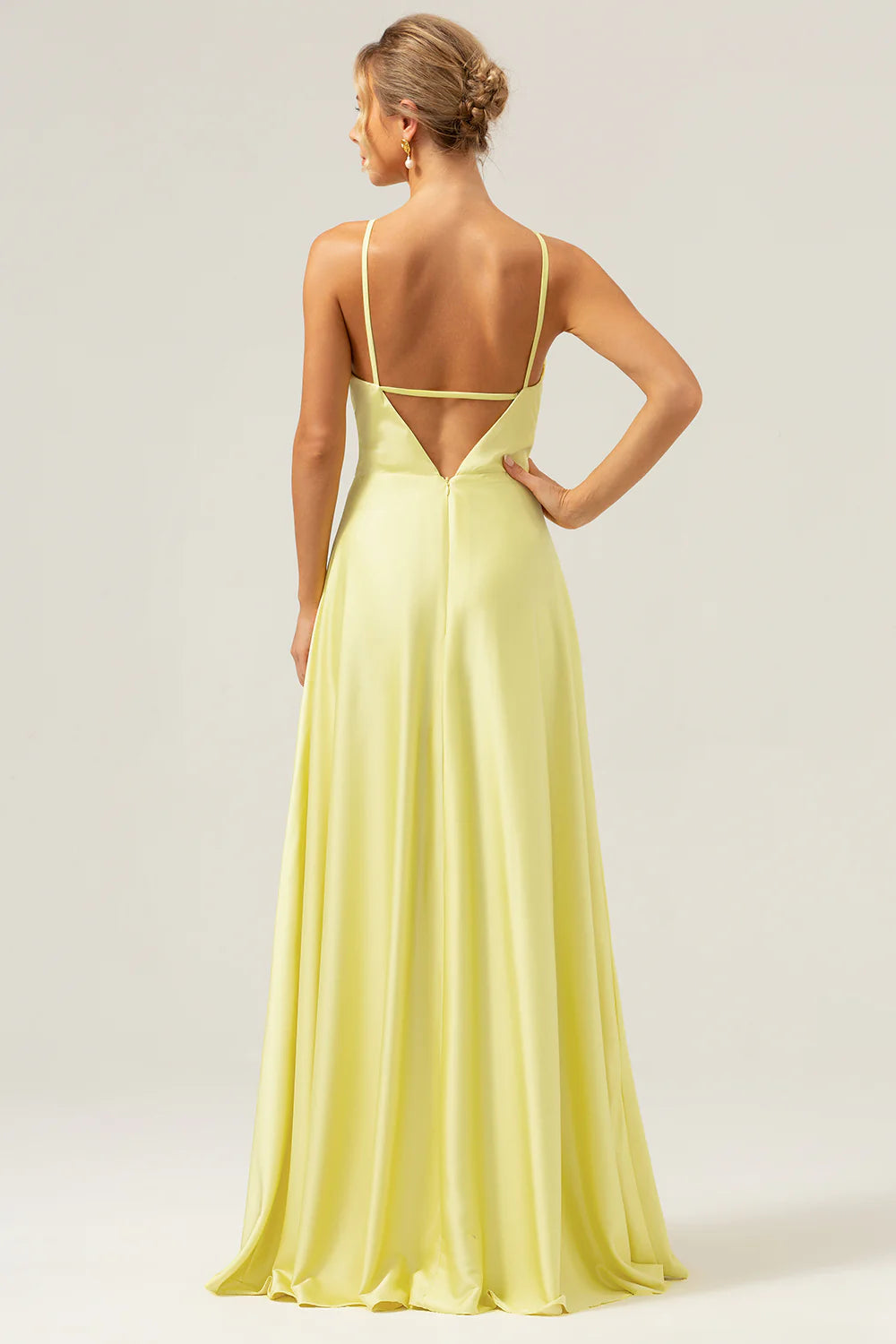 Yellow A Line Halter Backless Floor Length Bridesmaid Dress with Flower