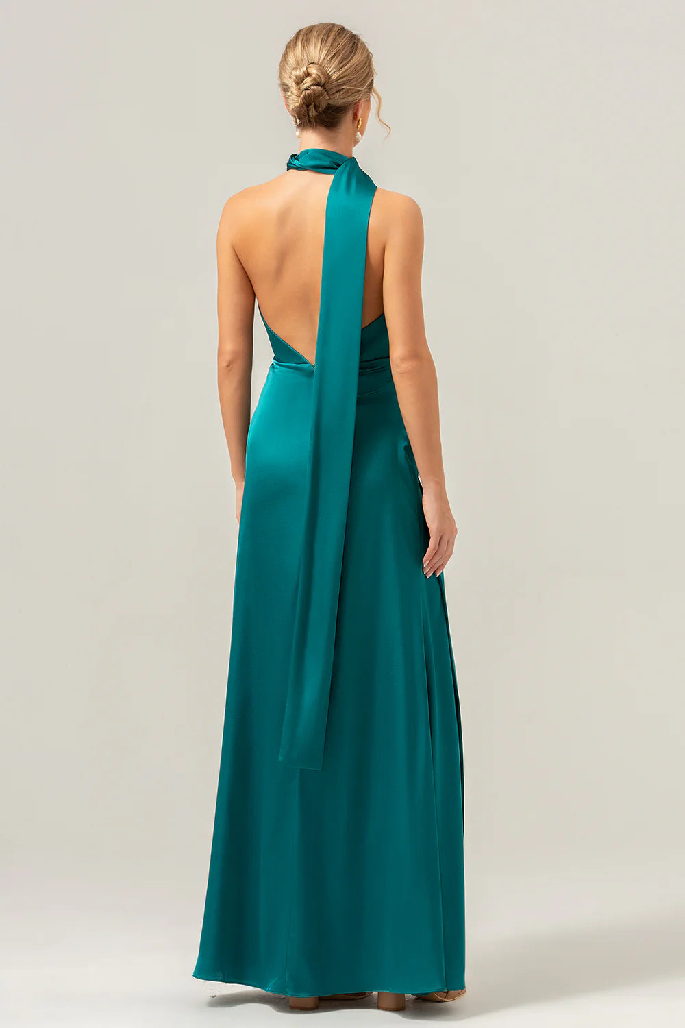 Deep V-neck backless satin bridesmaid dress with scarf