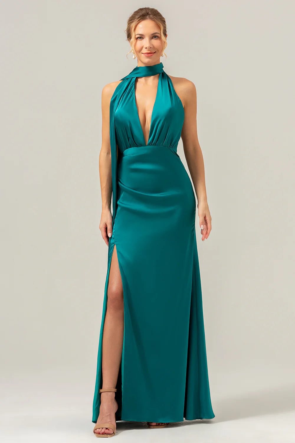Deep V-neck backless long satin bridesmaid dress with tassels