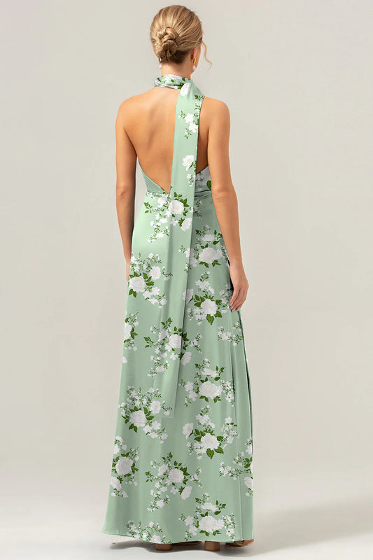 Flower sheath deep V-neck backless satin bridesmaid dress