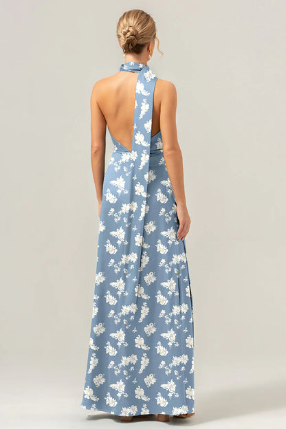 Flower sheath deep V-neck backless satin bridesmaid dress