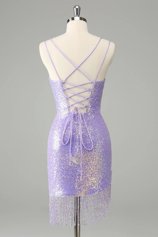 Gorgeous Bodycon Lilac Corset Sequin Short Homecoming Dress with Tassel