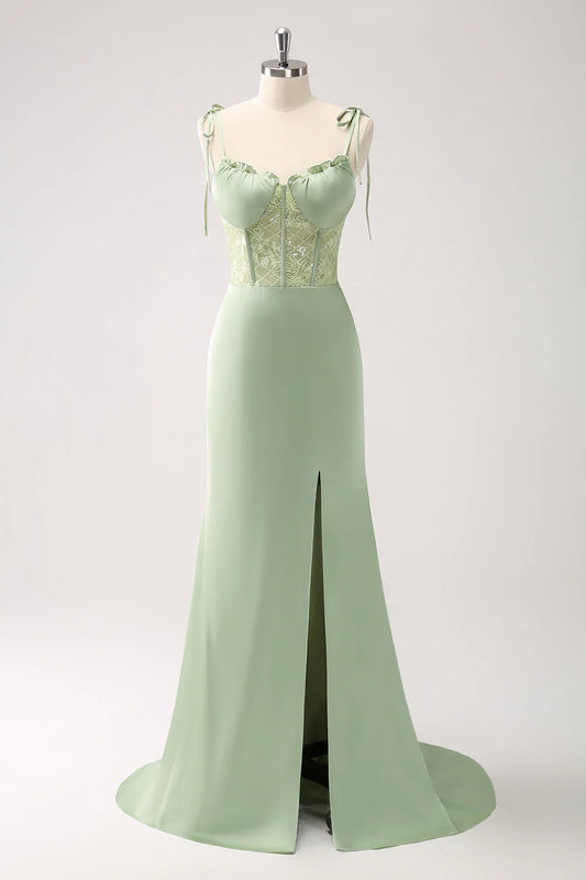 Green mermaid lace up tight corset bridesmaid dress